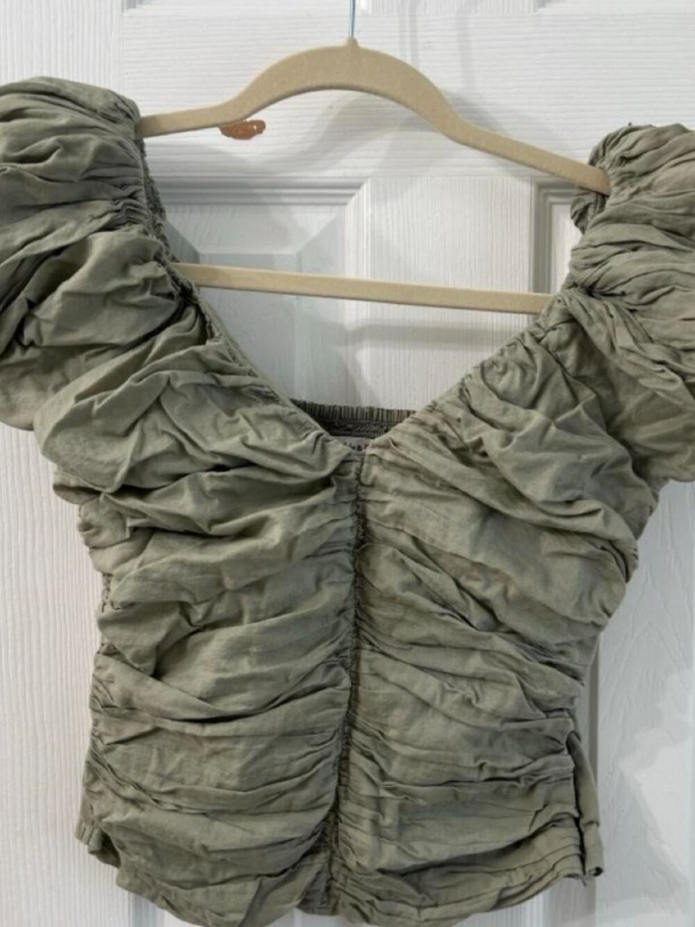 Abercrombie & Fitch Olive Ruched Puff-Sleeve Top Size Small